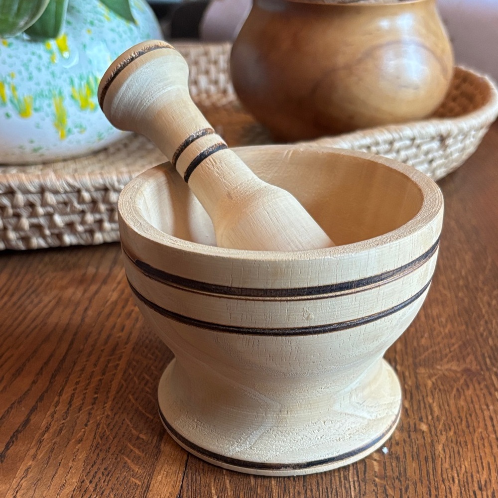 Wooden Mortar and Pestle with Striped Design